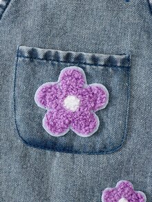 SHEIN 2件組女嬰韓式清新花卉刺繡牛仔吊帶褲套裝，粉色荷葉袖羅紋長袖T恤，精緻刺繡，柔軟面料，適中厚度，嬰兒幼兒2件套，春/秋新品，適合派對、慶祝、日常穿著，0-1歲 - 淡紫色 - 查看 11
