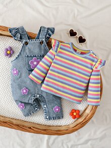 SHEIN 2件組女嬰韓式清新花卉刺繡牛仔吊帶褲套裝，粉色荷葉袖羅紋長袖T恤，精緻刺繡，柔軟面料，適中厚度，嬰兒幼兒2件套，春/秋新品，適合派對、慶祝、日常穿著，0-1歲 - 淡紫色 - 查看 13