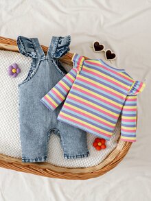 SHEIN 2件組女嬰韓式清新花卉刺繡牛仔吊帶褲套裝，粉色荷葉袖羅紋長袖T恤，精緻刺繡，柔軟面料，適中厚度，嬰兒幼兒2件套，春/秋新品，適合派對、慶祝、日常穿著，0-1歲 - 淡紫色 - 查看 3