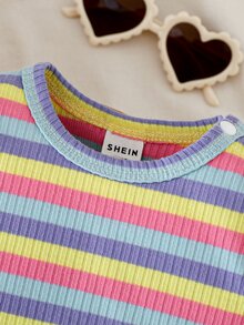 SHEIN 2件組女嬰韓式清新花卉刺繡牛仔吊帶褲套裝，粉色荷葉袖羅紋長袖T恤，精緻刺繡，柔軟面料，適中厚度，嬰兒幼兒2件套，春/秋新品，適合派對、慶祝、日常穿著，0-1歲 - 淡紫色 - 查看 9