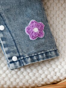 SHEIN 2件組女嬰韓式清新花卉刺繡牛仔吊帶褲套裝，粉色荷葉袖羅紋長袖T恤，精緻刺繡，柔軟面料，適中厚度，嬰兒幼兒2件套，春/秋新品，適合派對、慶祝、日常穿著，0-1歲 - 淡紫色 - 查看 8