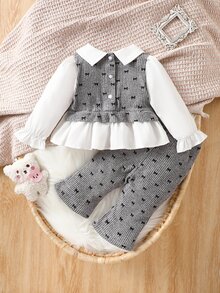 SHEIN 2件組新生兒蝴蝶結裝飾小高領泡泡袖上衣與滿版印花喇叭褲套裝，學院風可愛秋季穿搭 - 灰色 - 查看 2