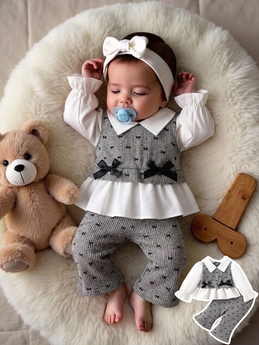 SHEIN 2Pcs New Borns Bow Decor Mock Neck Puff Sleeve Top & All Over Print Flare Leg Pants Set, Preppy Cute Fall Outfit