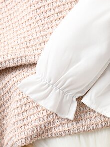 SHEIN 2件組新生兒蝴蝶結裝飾小高領泡泡袖上衣與滿版印花喇叭褲套裝，學院風可愛秋季穿搭 - 灰色 - 查看 5