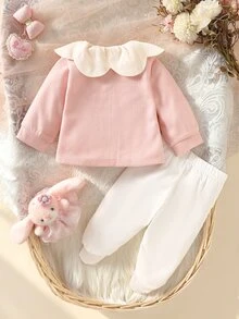 SHEIN 2件組新生女嬰外套與緊身褲套裝，淡粉色與白色，花瓣領、3D蝴蝶結、長袖加厚，適合生日、家庭穿搭、拍照、派對、秋季 - 粉色 - 查看 5