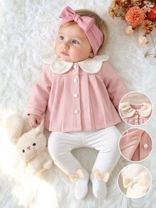 SHEIN 2件組新生女嬰外套與緊身褲套裝，淡粉色與白色，花瓣領、3D蝴蝶結、長袖加厚，適合生日、家庭穿搭、拍照、派對、秋季 - 粉色 - 查看 4
