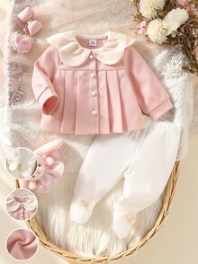 SHEIN 2件組新生女嬰外套與緊身褲套裝，淡粉色與白色，花瓣領、3D蝴蝶結、長袖加厚，適合生日、家庭穿搭、拍照、派對、秋季 - 粉色 - 查看 3