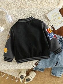SHEIN Baby Boy Letter Badge Casual Baseball Jacket, Cool Street Style, Suitable For Daily Wear, School, Matching, Party Autumn Fall - Black - View 3