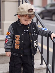 SHEIN Baby Boy Letter Badge Casual Baseball Jacket, Cool Street Style, Suitable For Daily Wear, School, Matching, Party Autumn Fall - Black - View 2