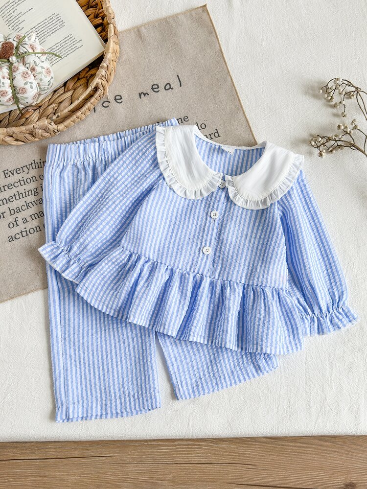 SHEIN 2pcs Baby Girls Set Cute Navy Blue Ruffle Long Sleeve Peter Pan Collar Shirt + Pants Autumn Cute - Blue - View 4