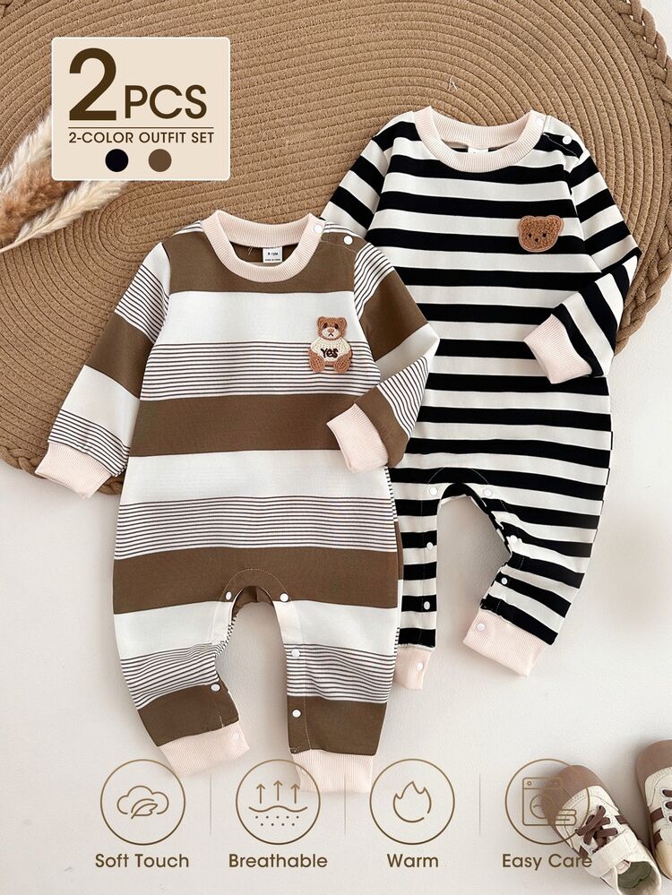 SHEIN Vintaside Kids 2Pcs Baby Boys Romper Jumpsuit Cute Preppy Black Brown Striped Bear Embroidery Colorblock Long Sleeve Round Neck Birthday Party Autumn Jogging Cozy - Multicolor - View 3