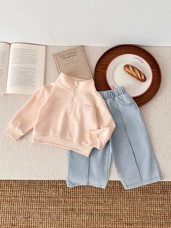 Vintaside Kids 2pcs Toddler Girl Sweatshirt And Denim Jeans Sweet Pink Light Blue Bow Embroidery Half Zip Long Sleeve Mock Neck Regular Birthday Fall Ballet Set