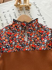 Vintaside Kids 2pcs Toddler Girl Peplum Top Flare Pants Elegant Rust Floral Ruffle Ribbed Puff Long Sleeve Mock Neck Regular Party Autumn Princess Ballet Cozy - Brown - View 7