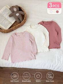 SHEIN Vintaside Kids 3 Pack Toddler Baby Girls T-Shirt Tops Sweet Pink White Rose Ribbed Striped Lettuce Trim Long Sleeve Mock Neck Regular Birthday Autumn Halloween Layer - Multicolor - View 10