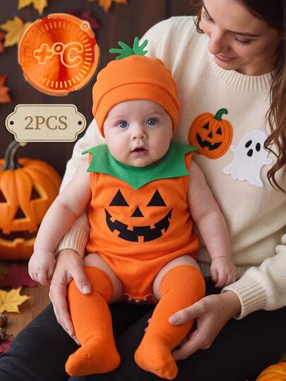 SHEIN Unisex Newborn Baby Autumn/Winter Halloween Pumpkin Outfit 2-Piece Set, Sleeveless Romper And Pumpkin Hat, Cute Pumpkin Lantern Print Orange Romper, Suitable For Newborns, Infants And Toddlers, Thanksgiving Holiday