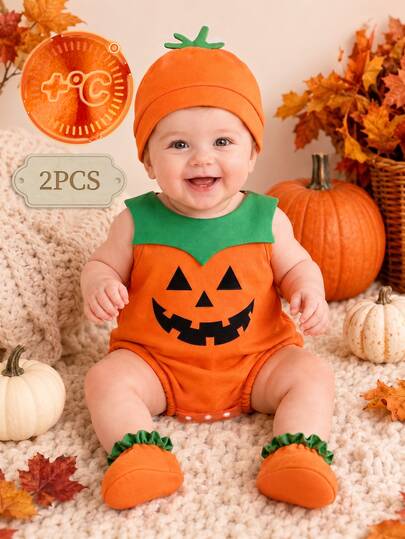 SHEIN Unisex Newborn Baby Autumn/Winter Halloween Pumpkin Outfit 2-Piece Set, Sleeveless Romper And Pumpkin Hat, Cute Pumpkin Lantern Print Orange Romper, Suitable For Newborns, Infants And Toddlers, Thanksgiving Holiday