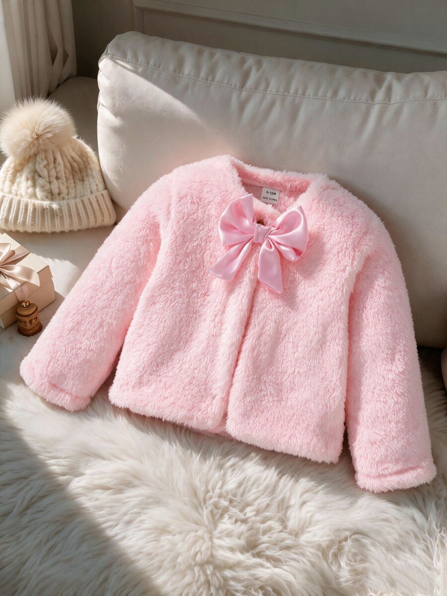 SHEIN 女嬰幼兒優雅絨毛蝴蝶結開襟外套，適合外出、日常穿著與派對，適用於秋冬季節
