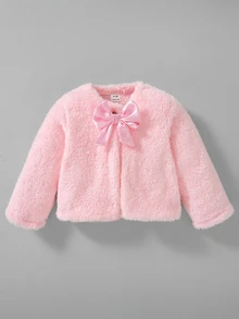 SHEIN 女嬰幼兒優雅絨毛蝴蝶結開襟外套，適合外出、日常穿著與派對，適用於秋冬季節 - 粉色 - 查看 4