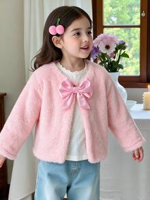 SHEIN 女嬰幼兒優雅絨毛蝴蝶結開襟外套，適合外出、日常穿著與派對，適用於秋冬季節 - 粉色 - 查看 3