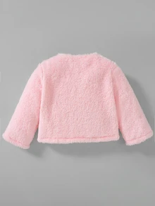 SHEIN 女嬰幼兒優雅絨毛蝴蝶結開襟外套，適合外出、日常穿著與派對，適用於秋冬季節 - 粉色 - 查看 5