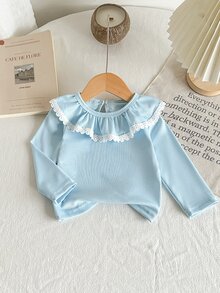 Souflis Souflis 女婴幼儿0-3岁休闲百搭简约甜美白色纯色弹力罗纹针织长袖T恤，优雅荷叶领套头衫，适合所有季节 - 淺藍色 - 查看 3