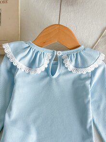 Souflis Souflis 女婴幼儿0-3岁休闲百搭简约甜美白色纯色弹力罗纹针织长袖T恤，优雅荷叶领套头衫，适合所有季节 - 淺藍色 - 查看 8