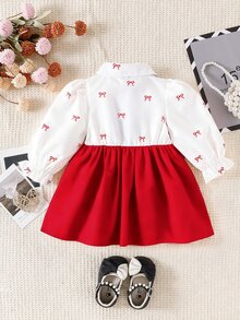 SHEIN Playful Pals 女嬰領口泡泡袖 2 合 1 A 字裙 可愛紅白條紋 秋季 Daddy's Girl 剪裁 正式派對生日套裝 - 紅色 - 查看 7