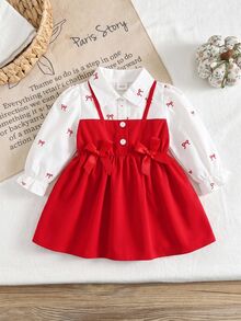 SHEIN Playful Pals 女嬰領口泡泡袖 2 合 1 A 字裙 可愛紅白條紋 秋季 Daddy's Girl 剪裁 正式派對生日套裝 - 紅色 - 查看 1