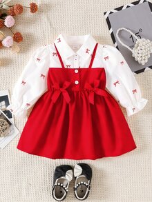 SHEIN Playful Pals 女嬰領口泡泡袖 2 合 1 A 字裙 可愛紅白條紋 秋季 Daddy's Girl 剪裁 正式派對生日套裝 - 紅色 - 查看 3