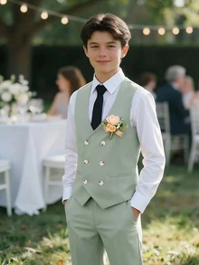 SHEIN 2件組青少年男孩紳士套裝，夏季白色鼠尾草綠V領修身背心搭配紋理長褲，優雅正式西裝，適合生日、婚禮，黑色 - 綠色 - 查看 4