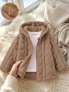 SHEIN Elladie kids 女童休閒毛絨外套，粉色前拉鍊愛心圖案可愛連帽，秋冬女童外套，保暖毛茸茸背心套裝女童服飾 - 咖啡棕 - 查看 4