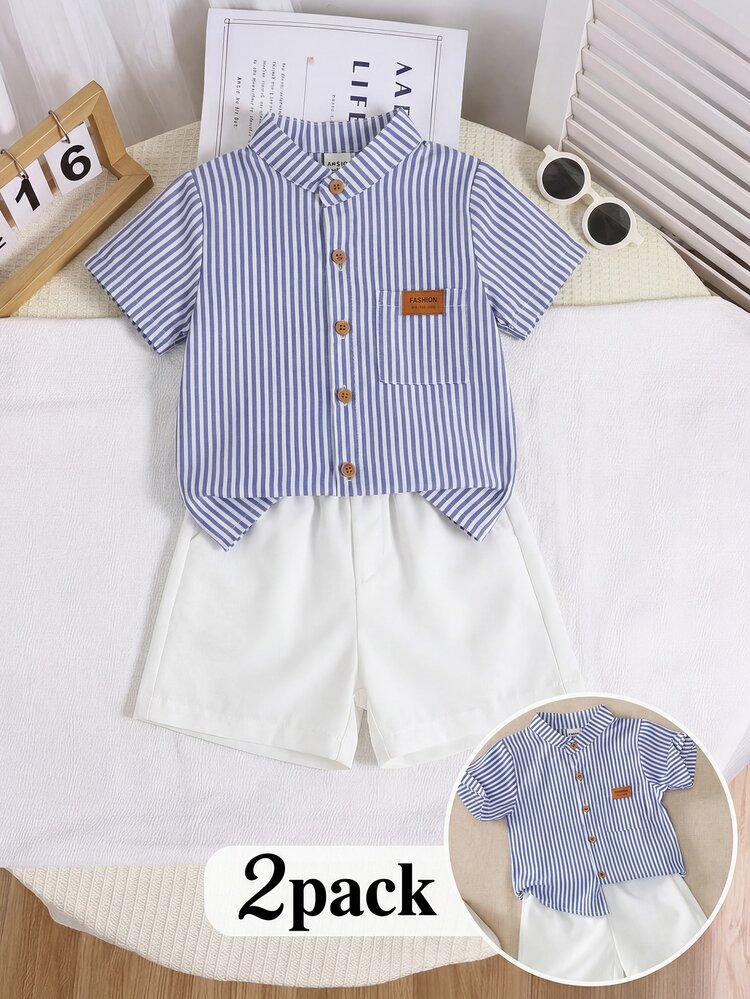 2pcs Baby Boy Outfit,Blue And White Striped Short Sleeve Collared Shirt&White Shorts,Summer Casual Page Boy Suit For Party Birthday Dining Autumn Fall - Multicolor - View 4