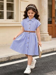 Elladie kids Girl's Loose Woven Drop-Shoulder Slim Striped Lapel Button Shirt-Style Fashion Elegant Dress With Belt, Autumn Dress - Royal Blue - View 5