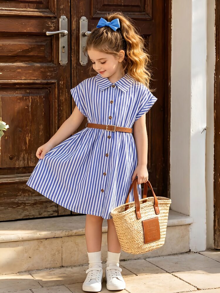 Elladie kids Girls' Summer Loose Woven Drop Shoulder Fitted White Collared Button-Front Shirt Dress With Fashionable Belt, Suitable For Casual Safari Daily Wear - Royal Blue - View 3
