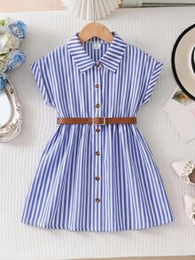 Elladie kids Girl's Loose Woven Drop-Shoulder Slim Striped Lapel Button Shirt-Style Fashion Elegant Dress With Belt, Autumn Dress - Royal Blue - View 3