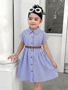Elladie kids Girl's Loose Woven Drop-Shoulder Slim Striped Lapel Button Shirt-Style Fashion Elegant Dress With Belt, Autumn Dress - Royal Blue - View 7