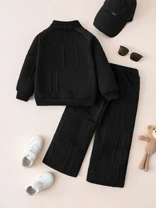 SHEIN Coolqubz 2件組 男童韓系簡約黑色落肩半拉鍊運動衫與直筒寬鬆運動長褲套裝，柔軟舒適面料，百搭版型，適合街頭風、休閒戶外、春秋日常穿著 - 黑色 - 查看 3