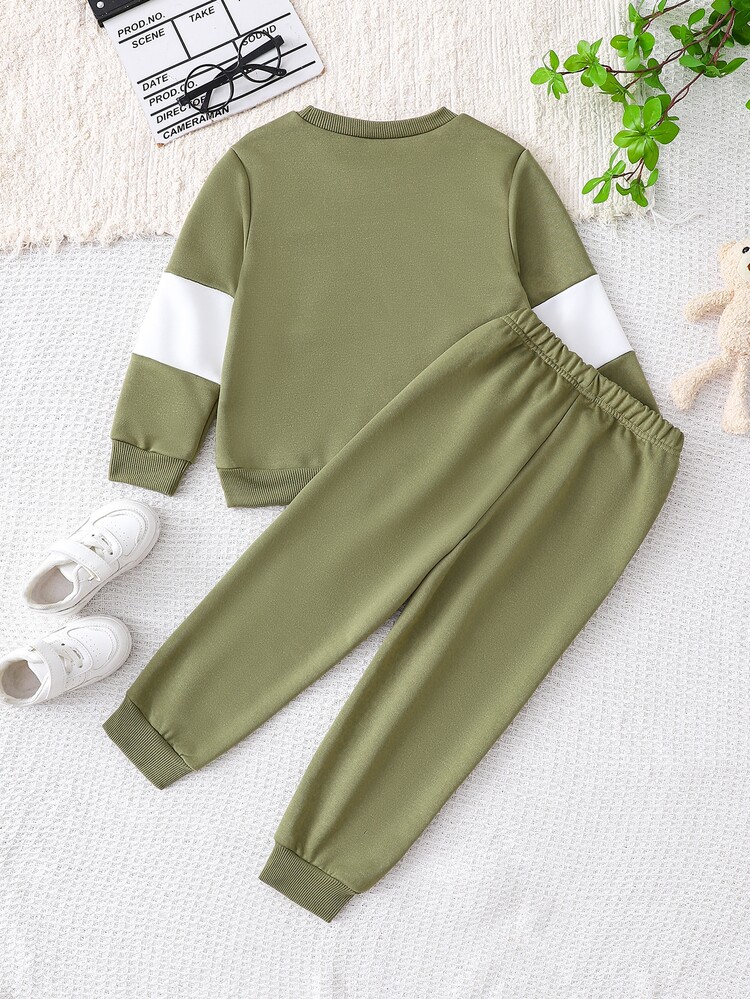 2pcs/Set Young Boy Casual Sports Academy Street Style Cute Face Embroidered Long Sleeve Crew Neck Sweatshirt + Pants Children's Clothing Suitable For Daily School, Outings, Sports, Spring And Autumn Seasons, Comfortable Fabric, Fashionable Fit, Spring/Summer New Style, Suitable For Multiple Seasons And Occasions, Comfortable And Fashionable To Wear - Green - View 2