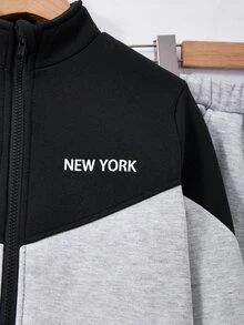 SHEIN Vacaura 大男孩抓絨內裡拉鍊運動外套與慢跑褲套裝，保暖 2 件式休閒運動服，秋冬街頭風 - 灰色 - 查看 5