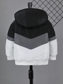 Young Boys Padded Coat Black & White Colorblock Print Hooded Warm Comfortable Versatile Winter - Black and White - View 2