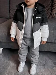Young Boys Padded Coat Black & White Colorblock Print Hooded Warm Comfortable Versatile Winter - Black and White - View 1