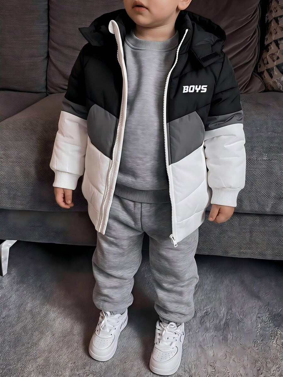 Young Boys Padded Coat Black & White Colorblock Print Hooded Warm Comfortable Versatile Winter - Black and White - View 1