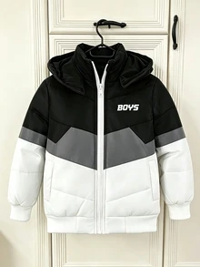Young Boys Padded Coat Black & White Colorblock Print Hooded Warm Comfortable Versatile Winter - Black and White - View 3