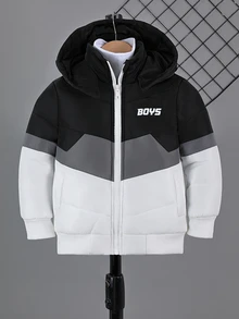 Young Boys Padded Coat Black & White Colorblock Print Hooded Warm Comfortable Versatile Winter - Black and White - View 8