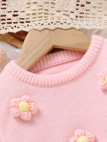 SHEIN 女嬰針織套裝，奶油白圓領3D花朵上衣 + 咖啡棕喇叭褲，甜美時尚2件套套頭衫 - 粉色 - 查看 7