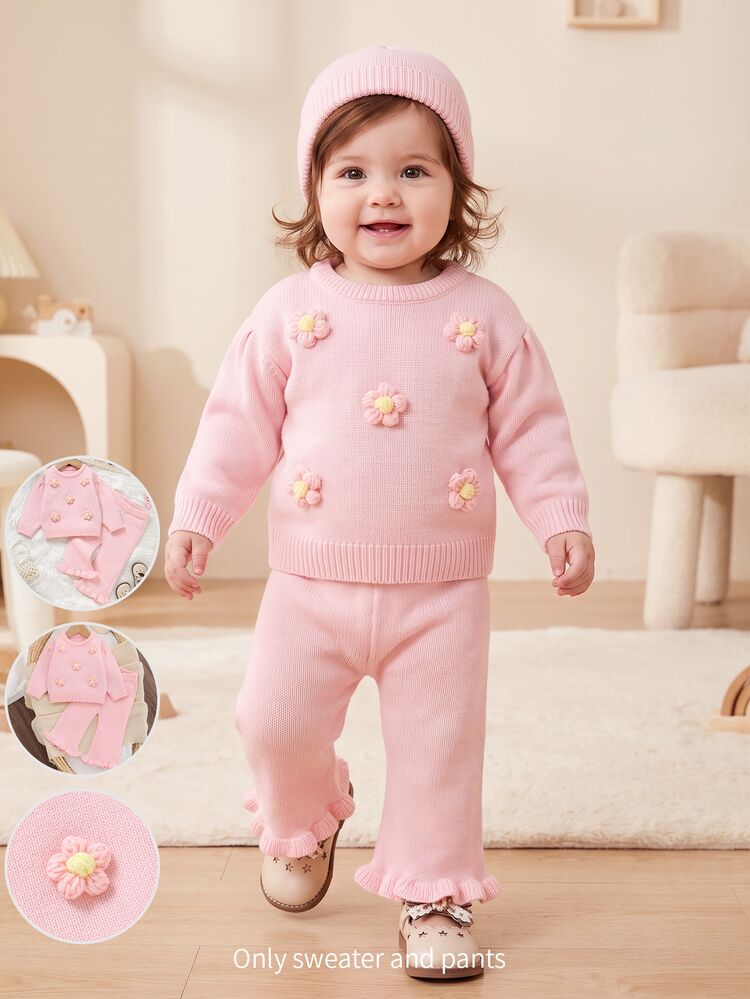 SHEIN Baby Girl Sweater Set, Cream White Round Neck 3D Floral Top + Coffee Brown Flared Pants, Sweet Fashion 2 Pieces Set Pullover - Pink - View 1