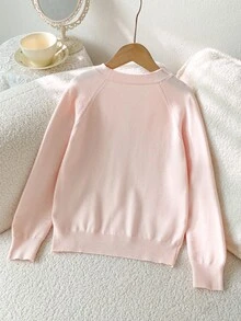 SHEIN 青少年女孩純色插肩袖長袖休閒針織開襟衫 - 粉色 - 查看 2