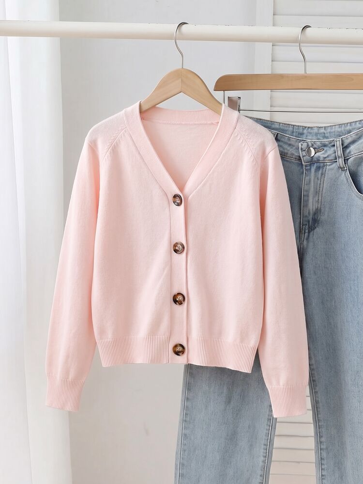 SHEIN كارديجان محبوك كاجوال بأكمام طويلة وكتف راجلان بلون موحد للفتيات المراهقات - وردي - مشاهدة 1