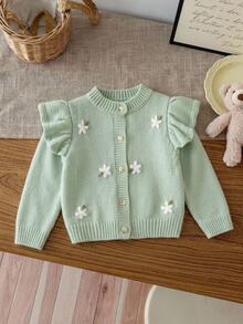 SHEIN Vintaside Kids Baby Girls Cardigans, Round Neck Knitted Cardigan, Sage Green Floral Hand-Embroidered Sweater, Heavy Craft Cartoon Cute Flutter Sleeve, Autumn/Winter - Green - View 2