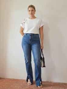 MOTF PREMIUM PLUS SIZE WOMEN'S SUMMER HOLLOW EMBROIDERY BAT SLEEVE LOOSE FIT T-SHIRT - White - View 5